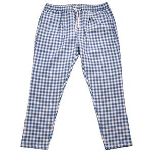 Mens Jogger Chino Pants XL Blue Ivory Plaid Check Drawstring Loose Casual Harem